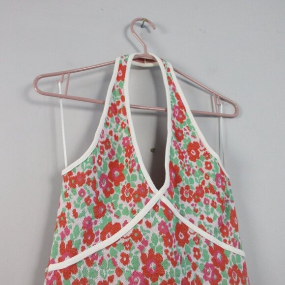 Zara Floral Halter Dress M Pink Green Knit Open Back Viscose Cotton Beach 194 - Picture 7 of 13